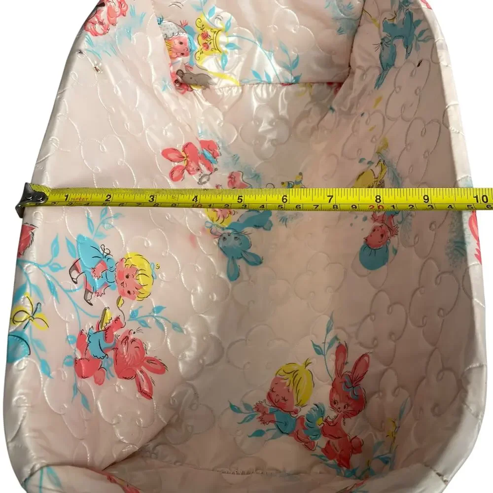 Wicker Doll Rocking Cradle Pink Quilted Vinyl Liner Wood Vtg 1970's Toy READ